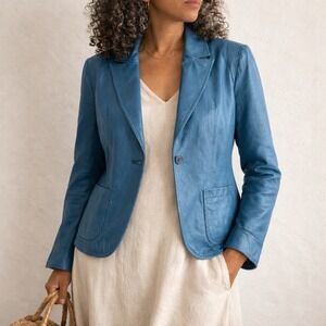 Casual Corner Leather Blazer – L Blue Single Button Patch Pockets